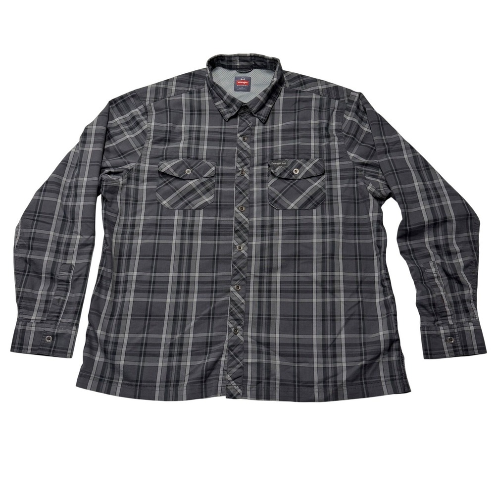Wrangler Mens XL Outdoor Shirt Grey Plaid Long Sleeve Button Up Performance
